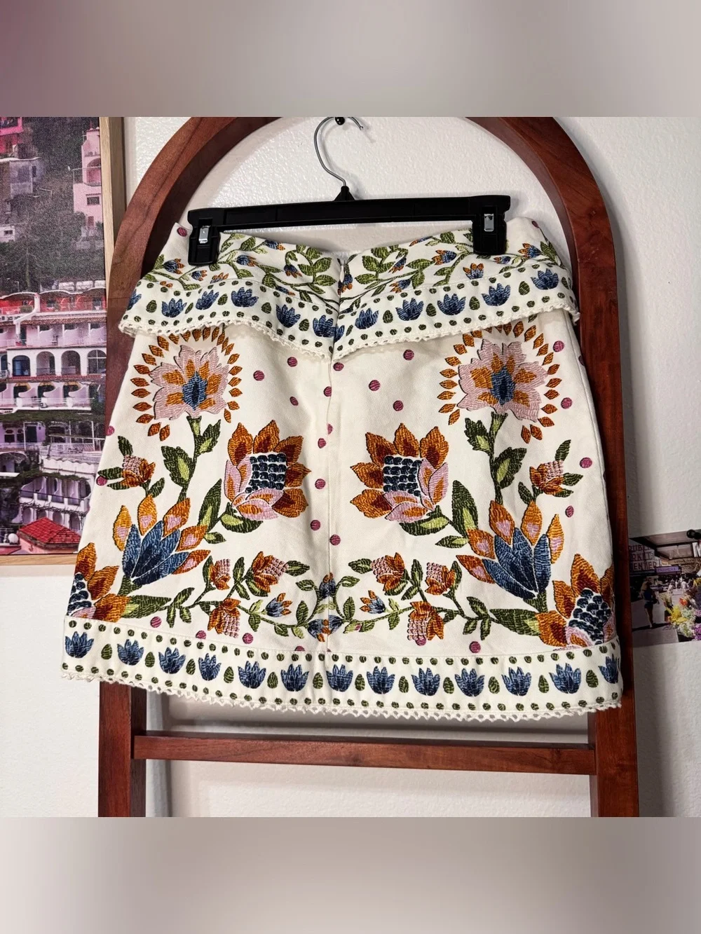 Farm Rio Wrap effect floral print cotton mini skirt lace trim